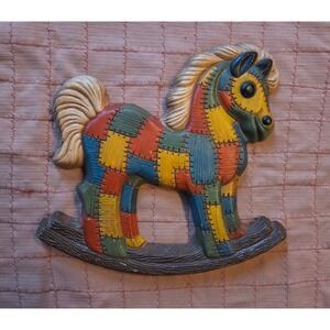 Vintage Patchwork Rocking Horse Wall Plaque Nursery Decor 3D Relief 13x11